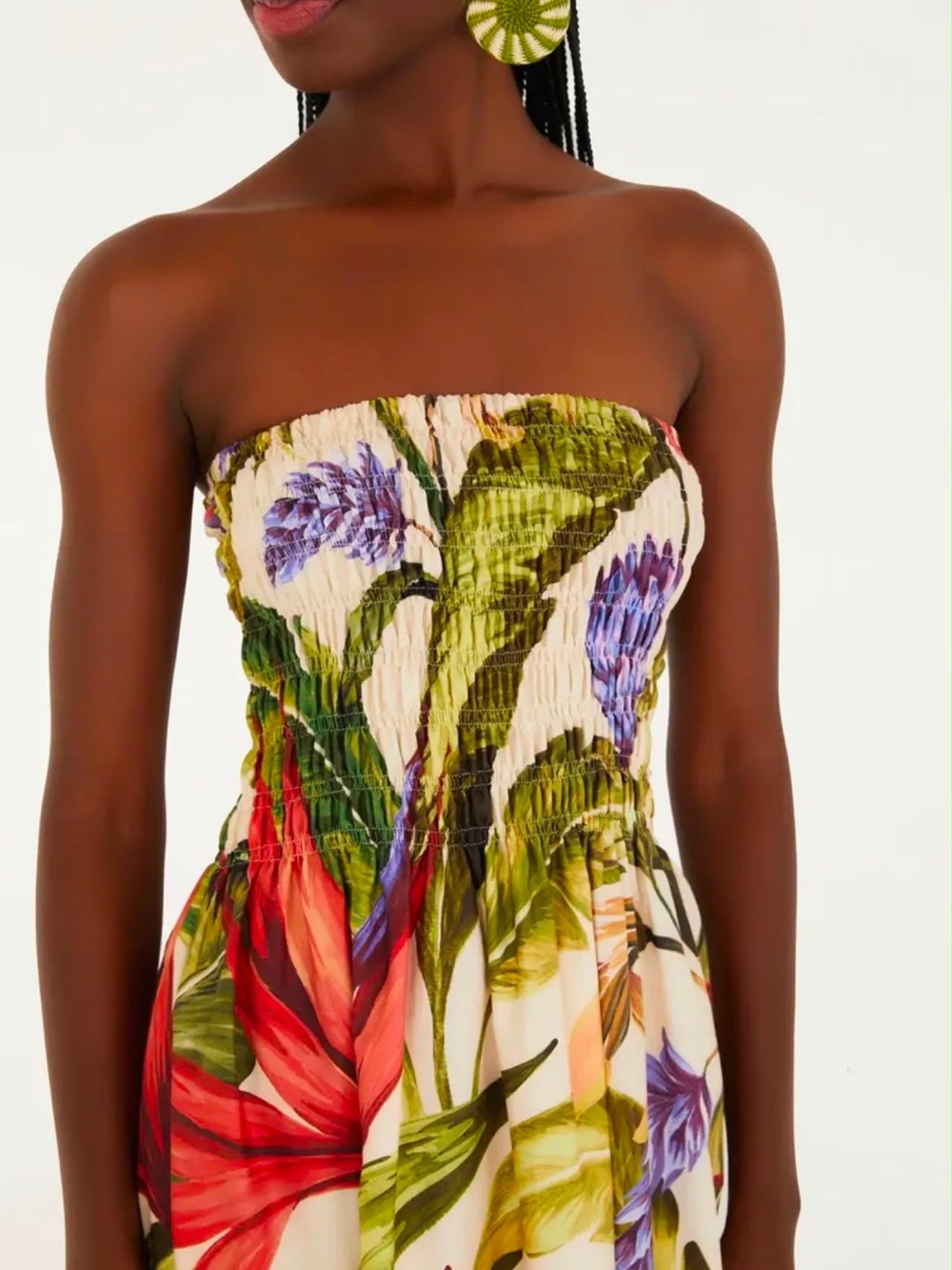 FARM Rio Cream Strapless Smocked Maxi Dress with Green & Red Floral Print